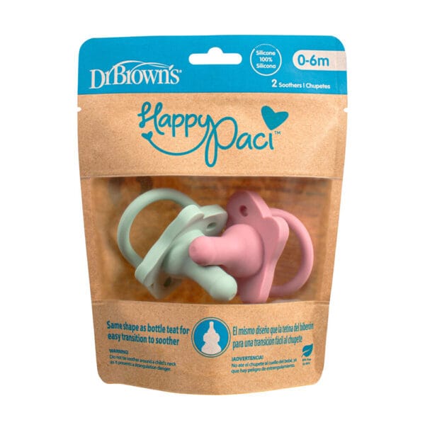 Dr. Brown's HappyPaci siliconen fopspeen 0-6 mnd roze & groen - Afbeelding 2